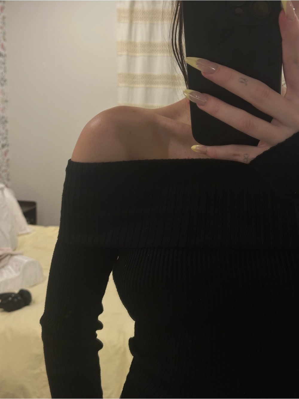 Off-the-Shoulder Black Ribbed Women's Sweater